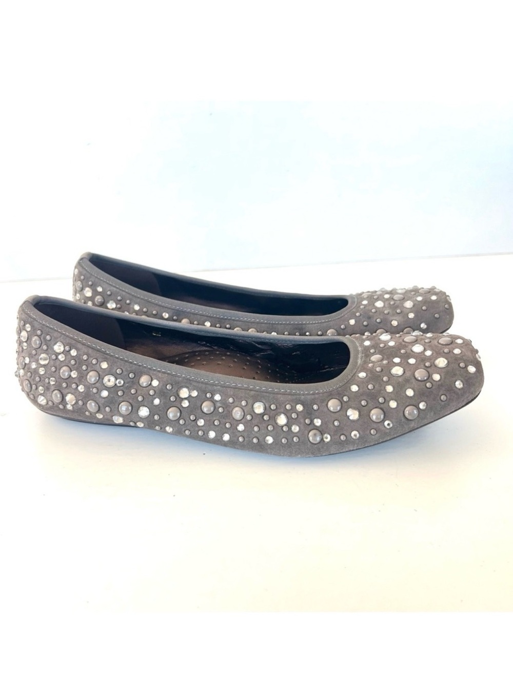 VANELI Gray Suede Jeweled Crystal Embelished Studs Slip-on Ballet Flats Sz 8 M